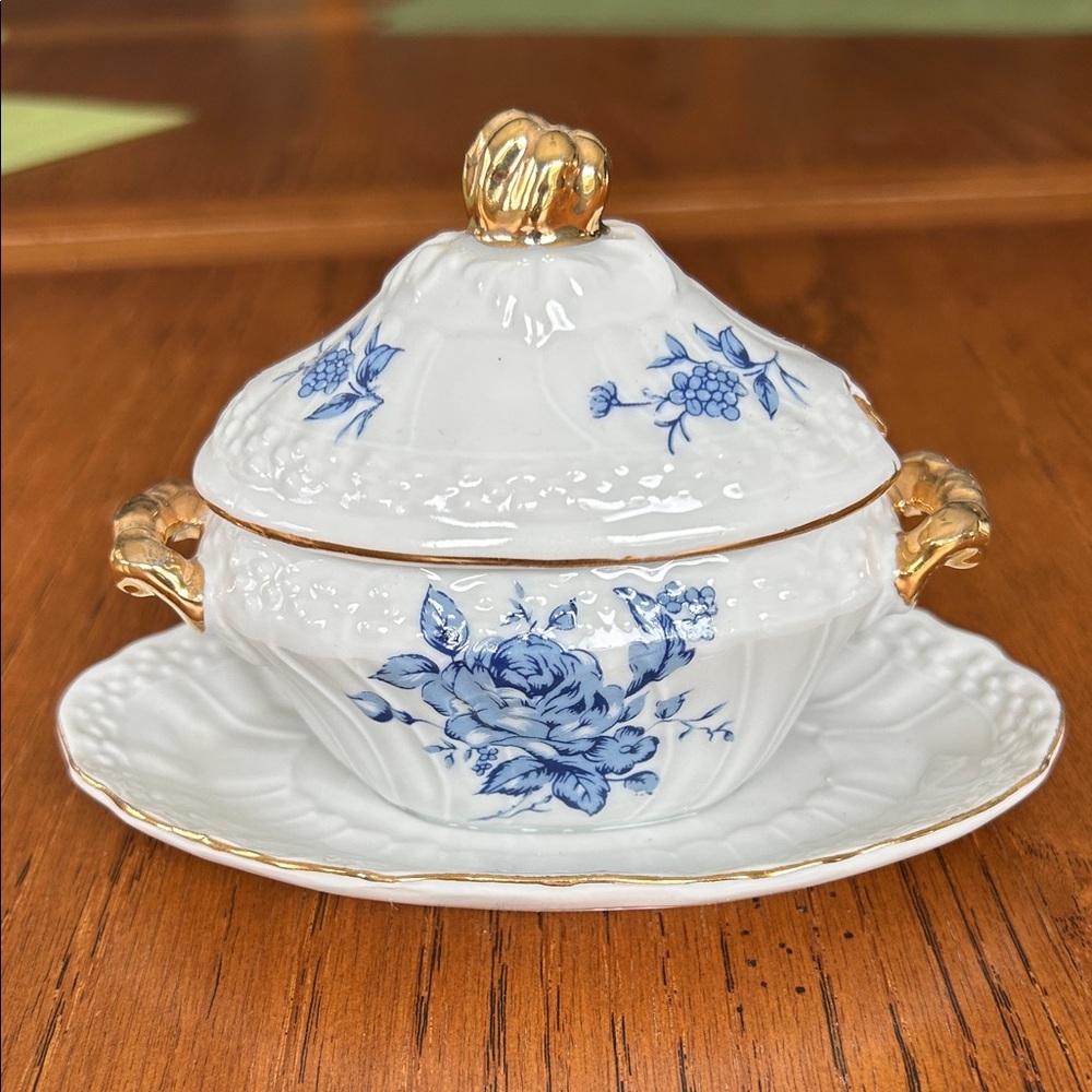Vintage White and Blue Floral Porcelain salt cellar with Gold Accents